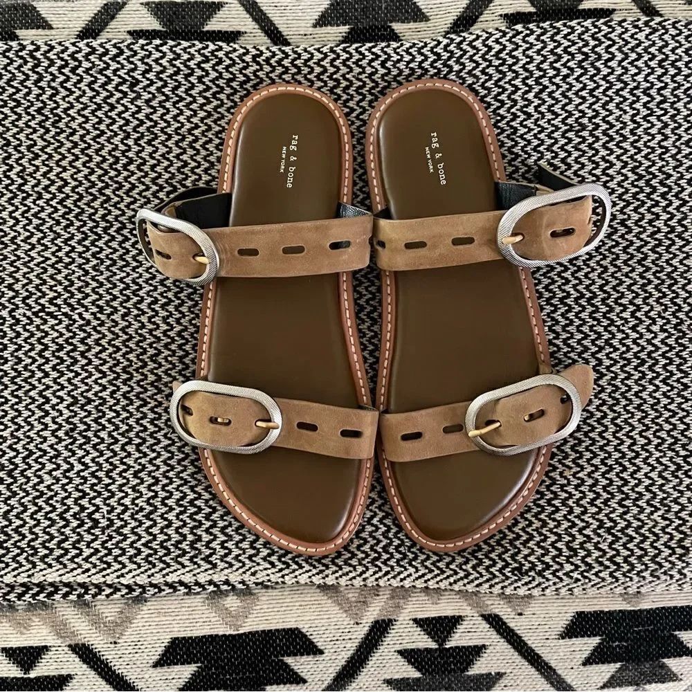 RAG & BONE ANSLEY DOUBLE SUEDE STRAP LEATHER SLIDE TAN SILVER
BUCKLES Sz-39/9 - Picture 2 of 9